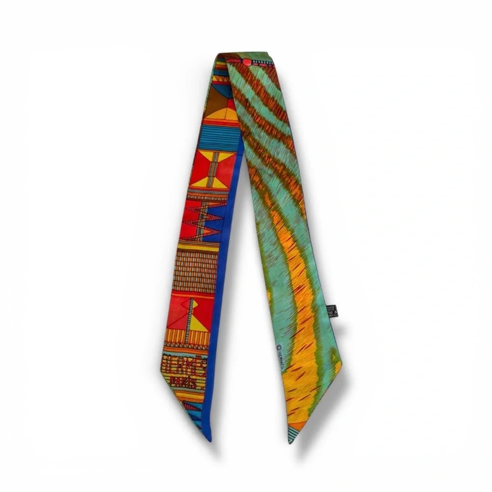 💗HERMES 100% Silk Twilly Ribbon Scarf • Vibrant Multicolor Blue Red Green Orange - Picture 3 of 10